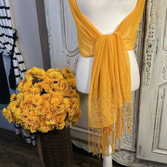 Elegant Gold Embroidered and Beaded Mustard Color Sheer Rectangle Scarf - Picture 3 of 4